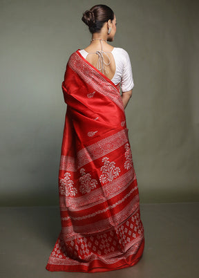 Red Printed Pure Silk Saree Without Blouse Piece