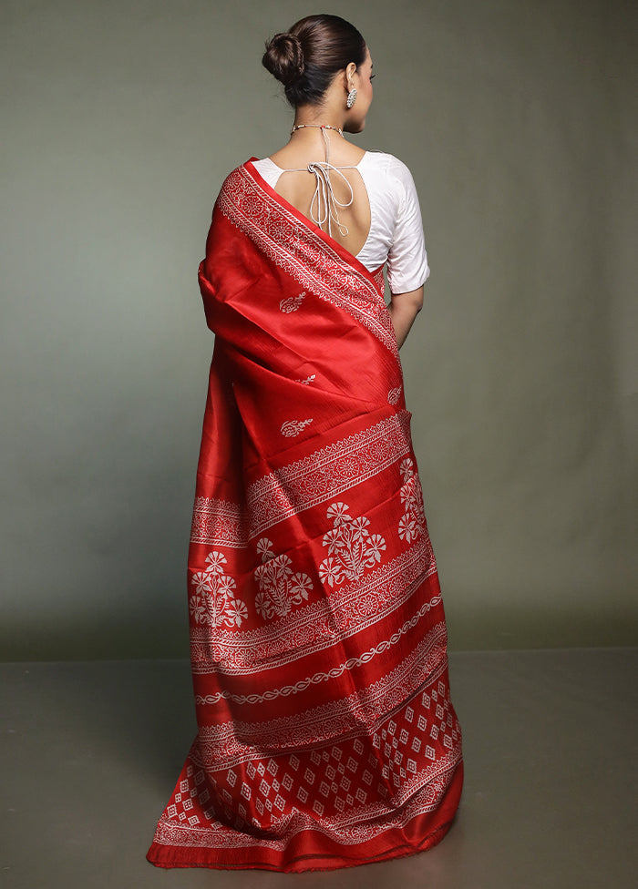Red Printed Pure Silk Saree Without Blouse Piece