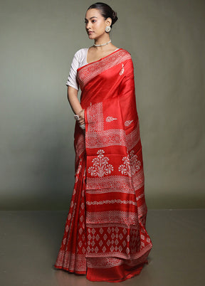 Red Printed Pure Silk Saree Without Blouse Piece