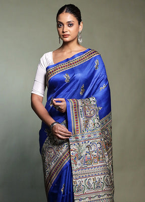 Blue Printed Pure Silk Saree Without Blouse Piece