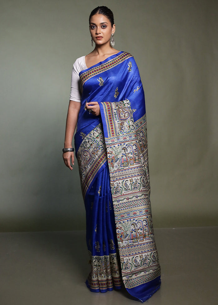 Blue Printed Pure Silk Saree Without Blouse Piece