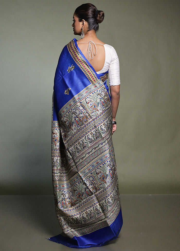 Blue Printed Pure Silk Saree Without Blouse Piece