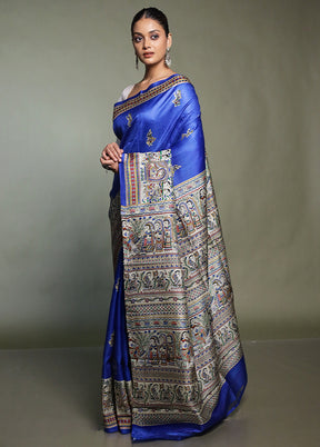 Blue Printed Pure Silk Saree Without Blouse Piece