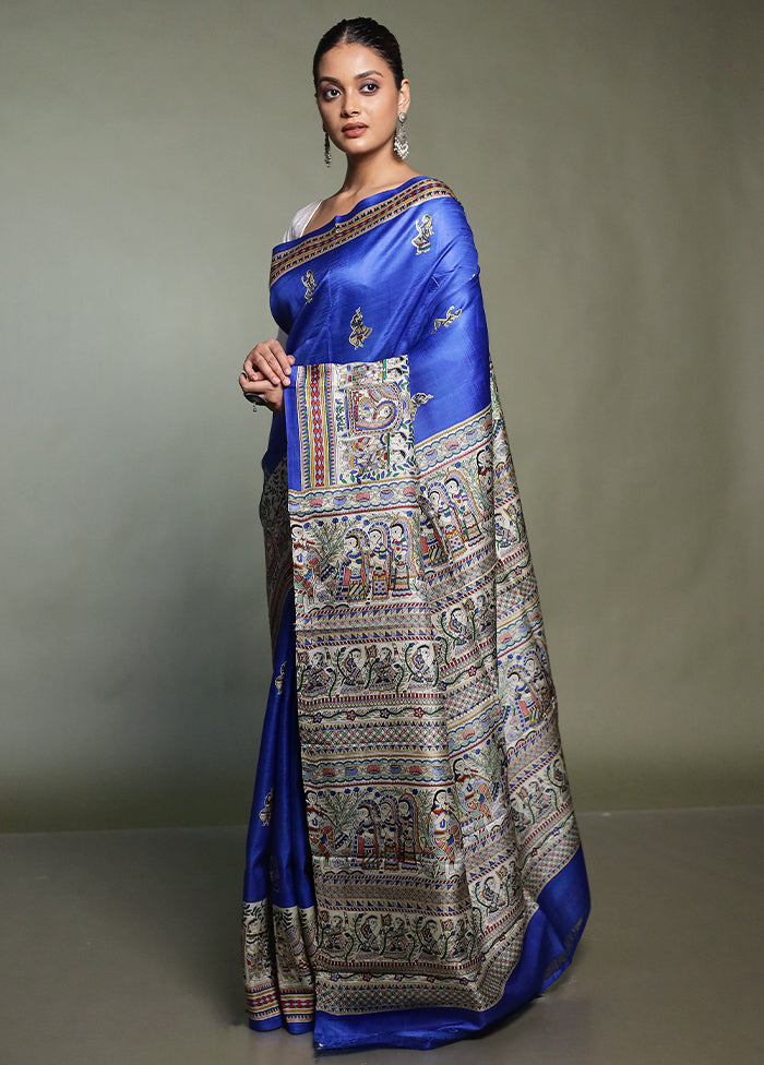 Blue Printed Pure Silk Saree Without Blouse Piece
