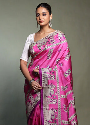 Pink Printed Pure Silk Saree With Blouse Piece