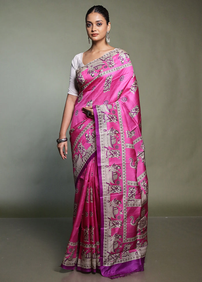 Pink Printed Pure Silk Saree With Blouse Piece