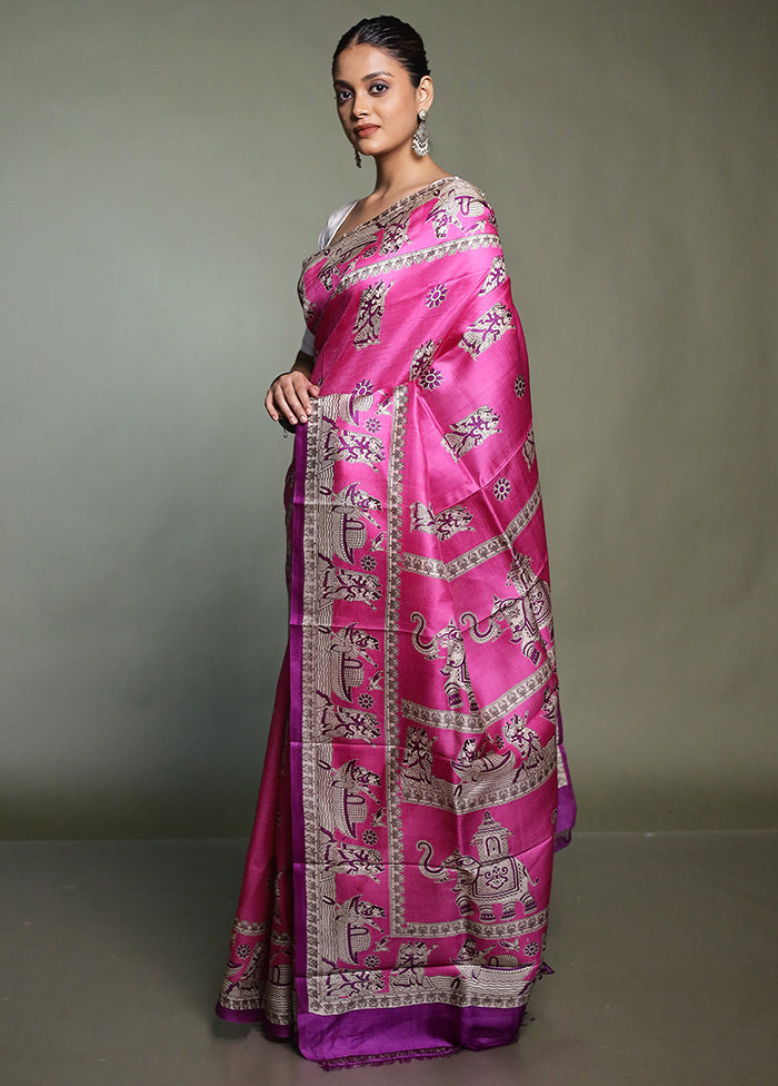 Pink Printed Pure Silk Saree With Blouse Piece