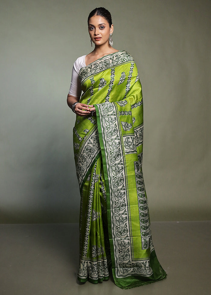 Green Printed Pure Silk Saree With Blouse Piece