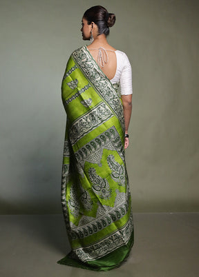 Green Printed Pure Silk Saree With Blouse Piece