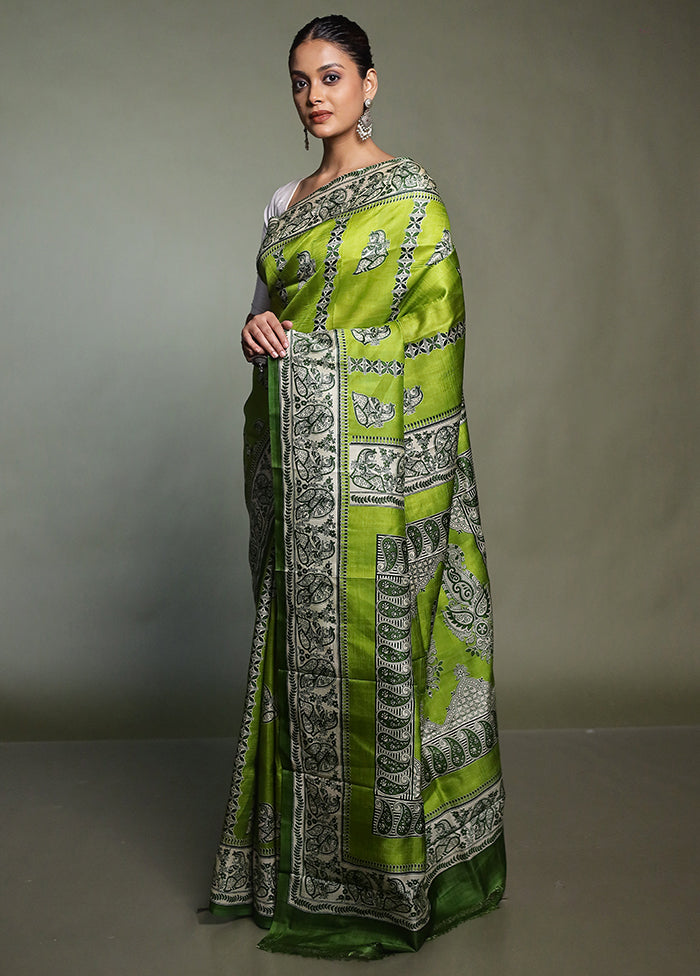 Green Printed Pure Silk Saree With Blouse Piece