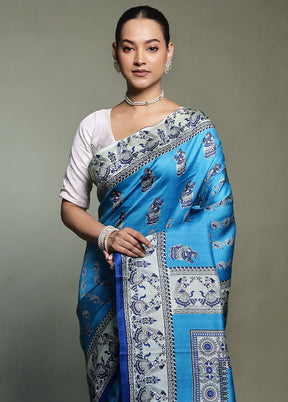 Blue Printed Pure Silk Saree Without Blouse Piece