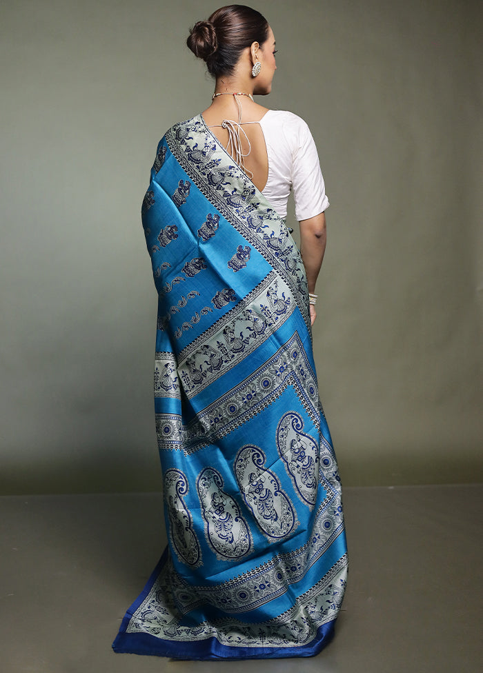 Blue Printed Pure Silk Saree Without Blouse Piece