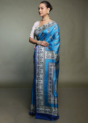 Blue Printed Pure Silk Saree Without Blouse Piece