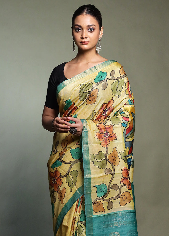 Yellow Handloom Tussar Pure Silk Saree With Blouse Piece