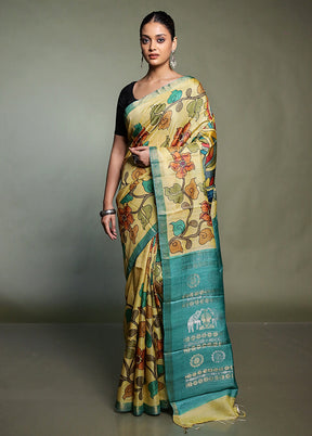 Yellow Handloom Tussar Pure Silk Saree With Blouse Piece