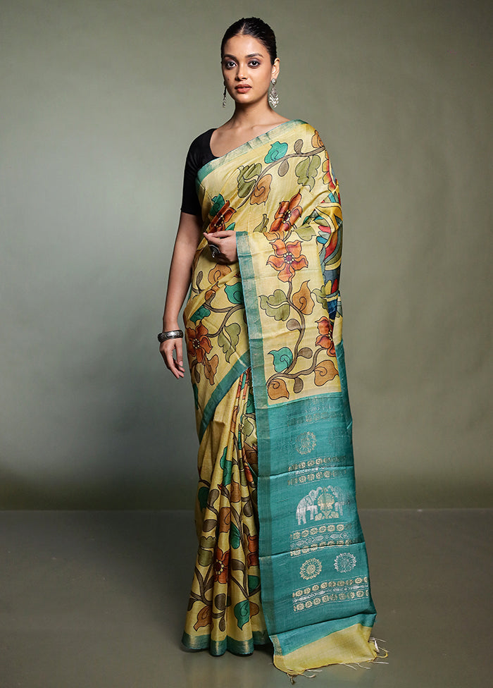 Yellow Handloom Tussar Pure Silk Saree With Blouse Piece