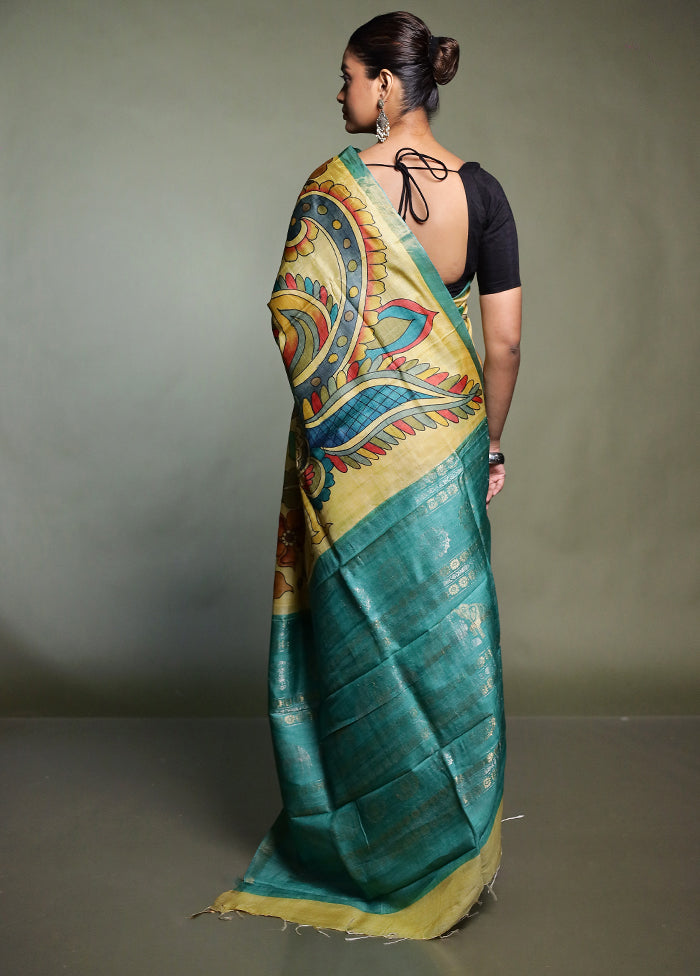 Yellow Handloom Tussar Pure Silk Saree With Blouse Piece