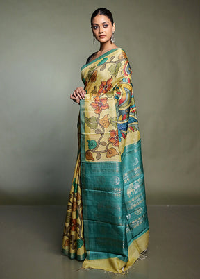 Yellow Handloom Tussar Pure Silk Saree With Blouse Piece