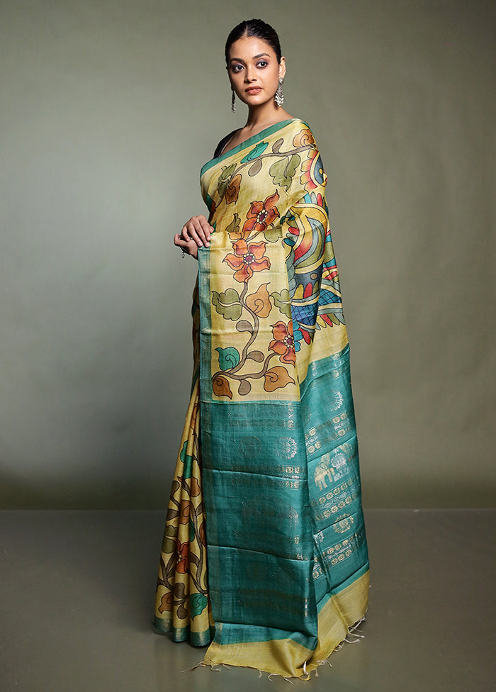 Yellow Handloom Tussar Pure Silk Saree With Blouse Piece
