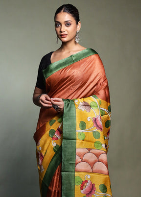 Yellow Handloom Tussar Pure Silk Saree With Blouse Piece