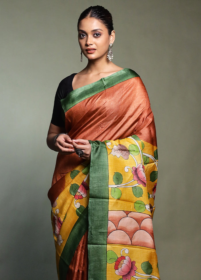 Yellow Handloom Tussar Pure Silk Saree With Blouse Piece
