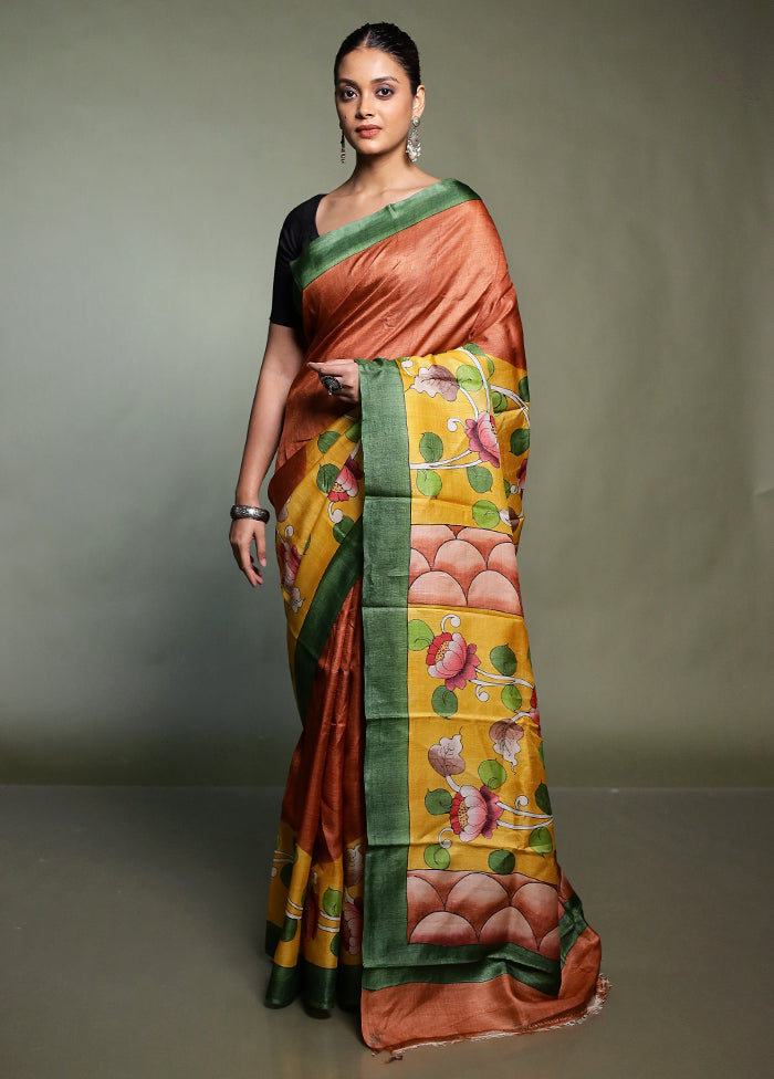 Yellow Handloom Tussar Pure Silk Saree With Blouse Piece