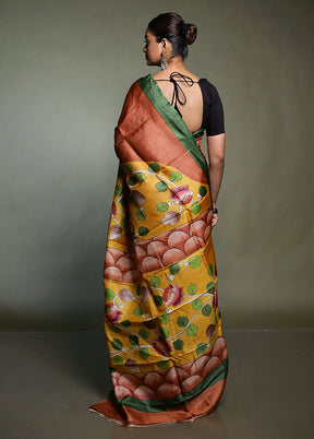 Yellow Handloom Tussar Pure Silk Saree With Blouse Piece