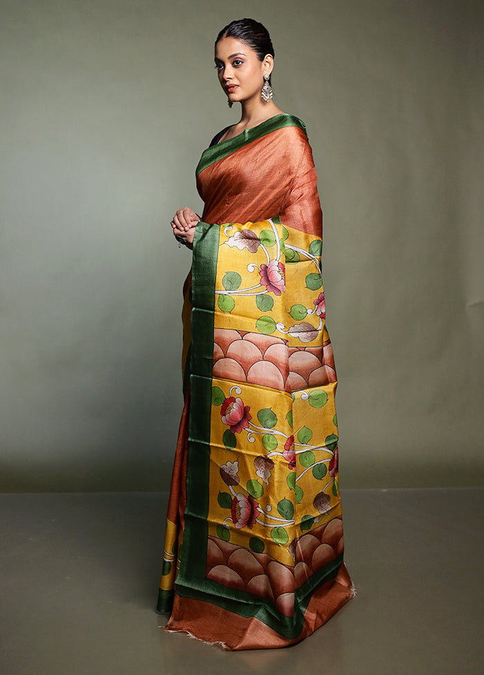 Yellow Handloom Tussar Pure Silk Saree With Blouse Piece