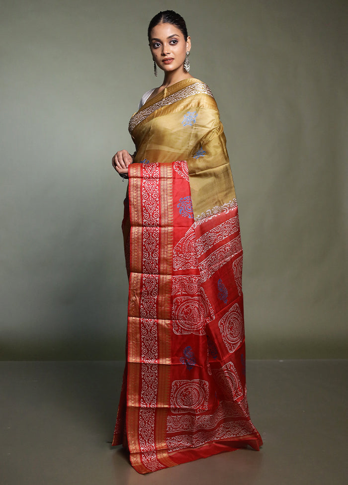 Red Printed Pure Silk Saree Without Blouse Piece
