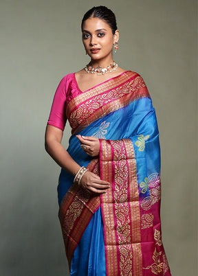 Blue Printed Pure Silk Saree Without Blouse Piece