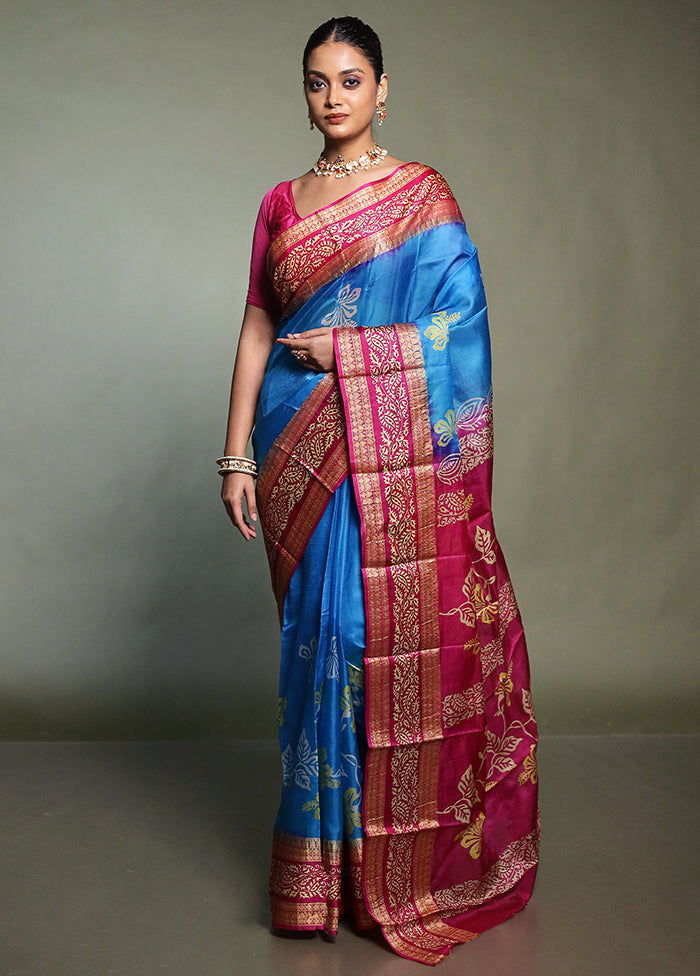 Blue Printed Pure Silk Saree Without Blouse Piece