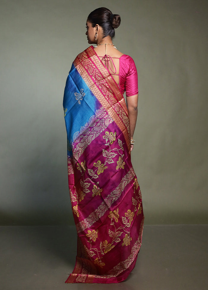 Blue Printed Pure Silk Saree Without Blouse Piece