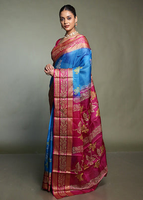 Blue Printed Pure Silk Saree Without Blouse Piece