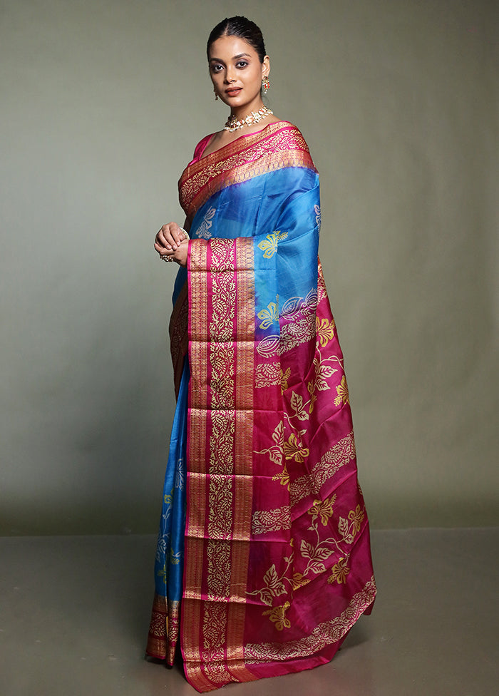 Blue Printed Pure Silk Saree Without Blouse Piece