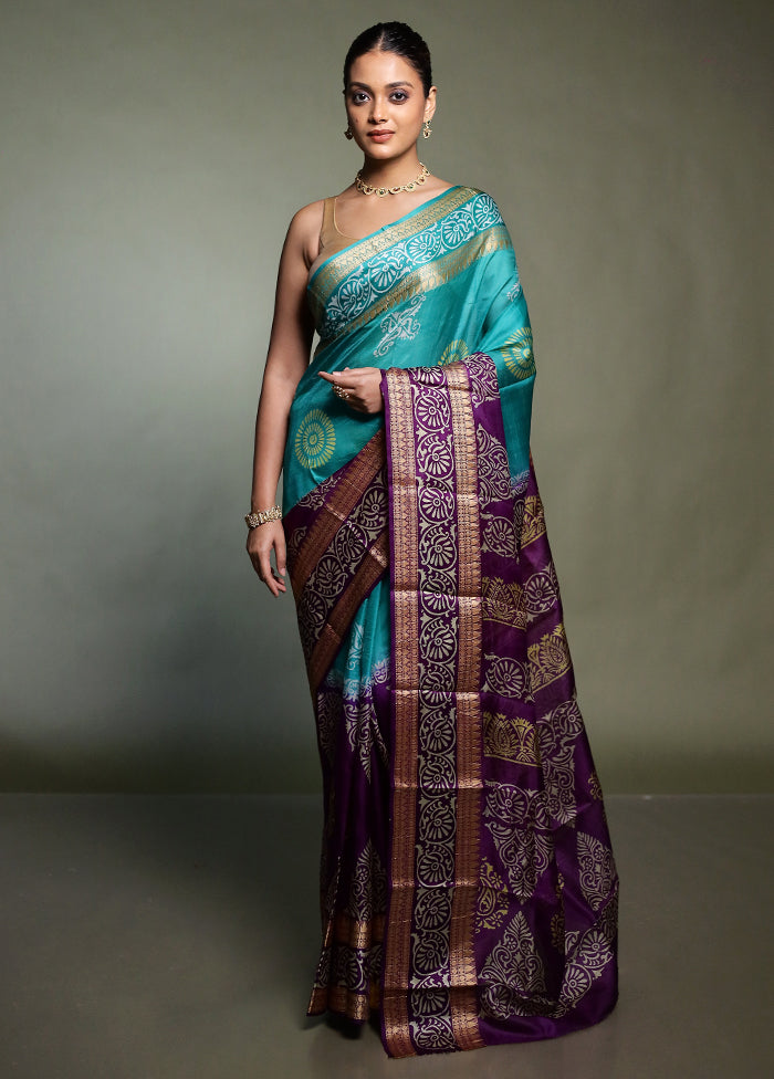 Purple Printed Pure Silk Saree Without Blouse Piece
