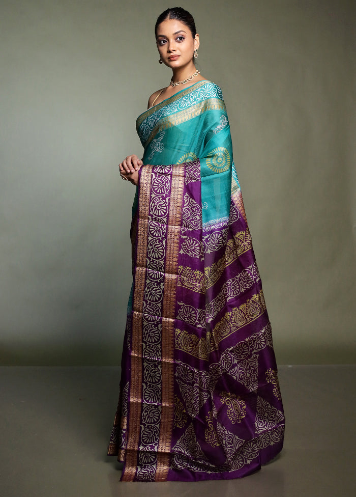 Purple Printed Pure Silk Saree Without Blouse Piece