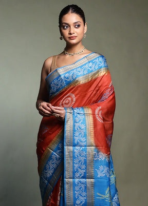Rust Printed Pure Silk Saree Without Blouse Piece