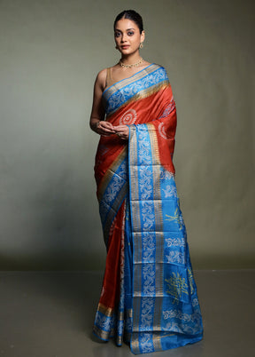 Rust Printed Pure Silk Saree Without Blouse Piece