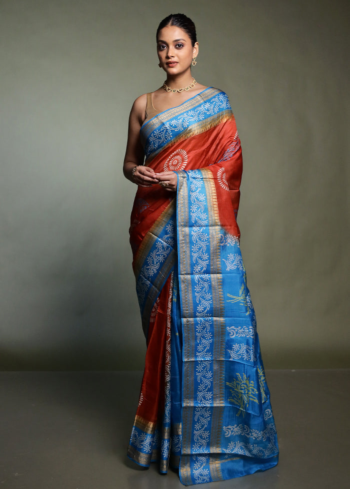 Rust Printed Pure Silk Saree Without Blouse Piece