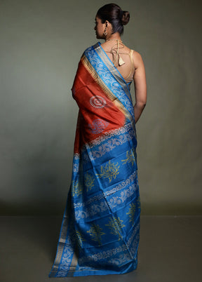 Rust Printed Pure Silk Saree Without Blouse Piece