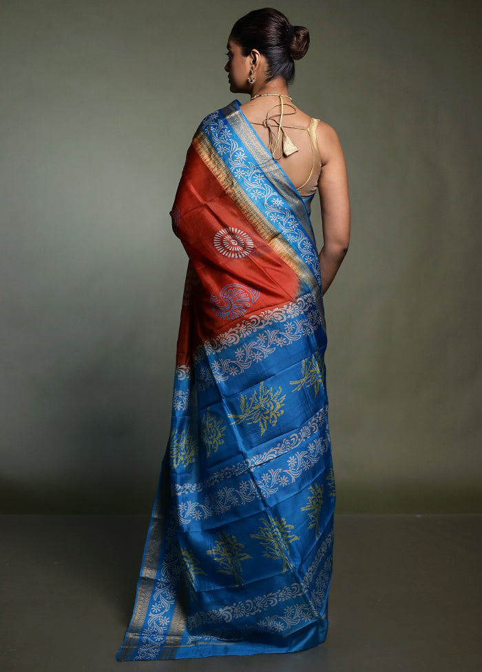 Rust Printed Pure Silk Saree Without Blouse Piece