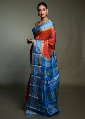 Rust Printed Pure Silk Saree Without Blouse Piece