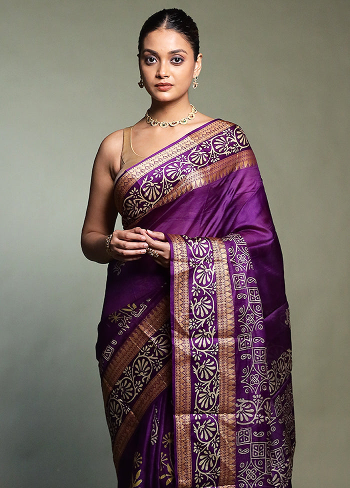 Purple Printed Pure Silk Saree Without Blouse Piece