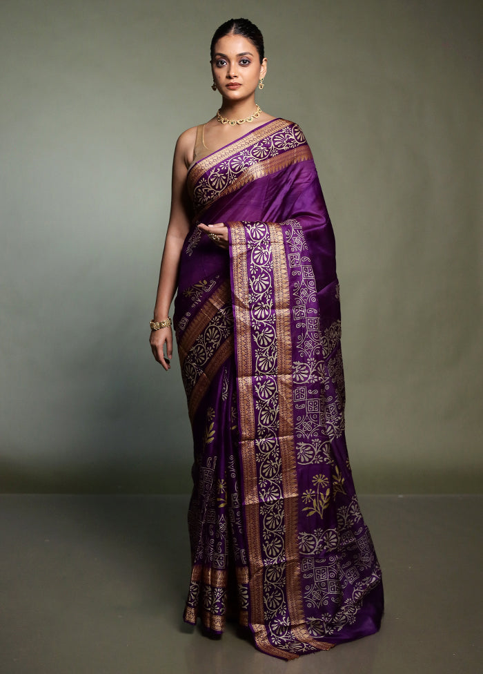 Purple Printed Pure Silk Saree Without Blouse Piece