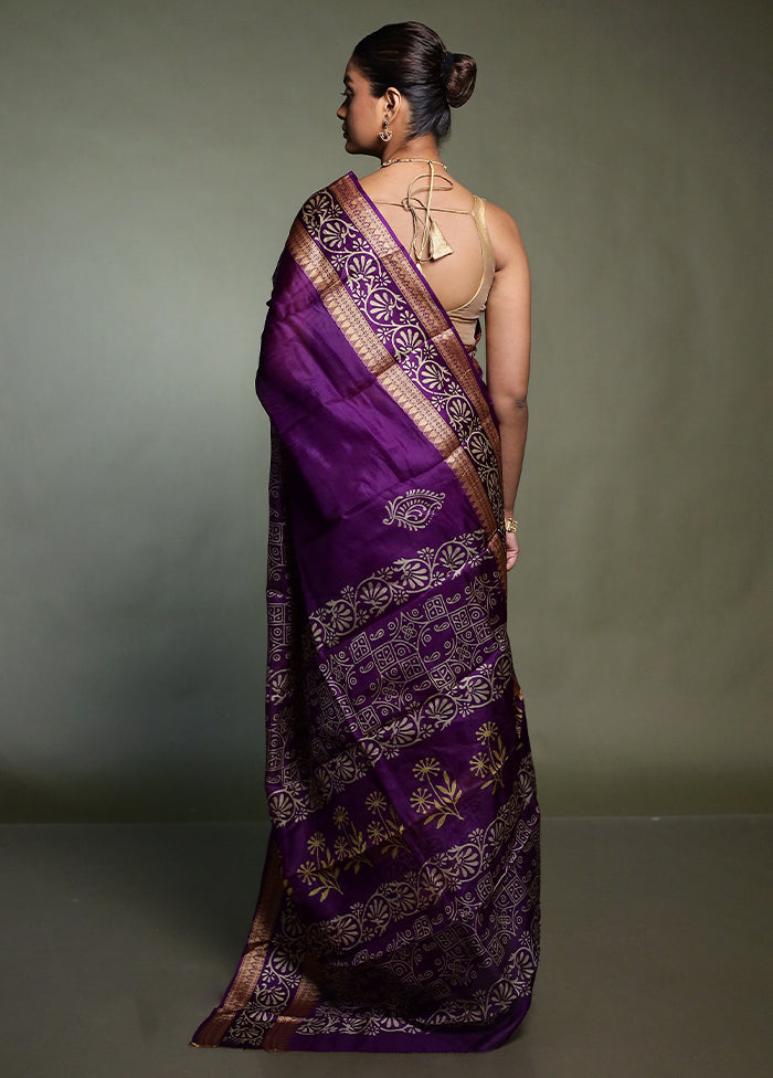 Purple Printed Pure Silk Saree Without Blouse Piece