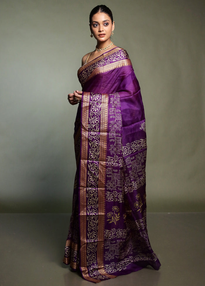 Purple Printed Pure Silk Saree Without Blouse Piece