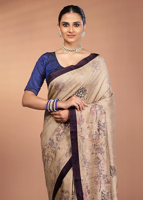 Cream Tussar Silk Saree With Blouse Piece