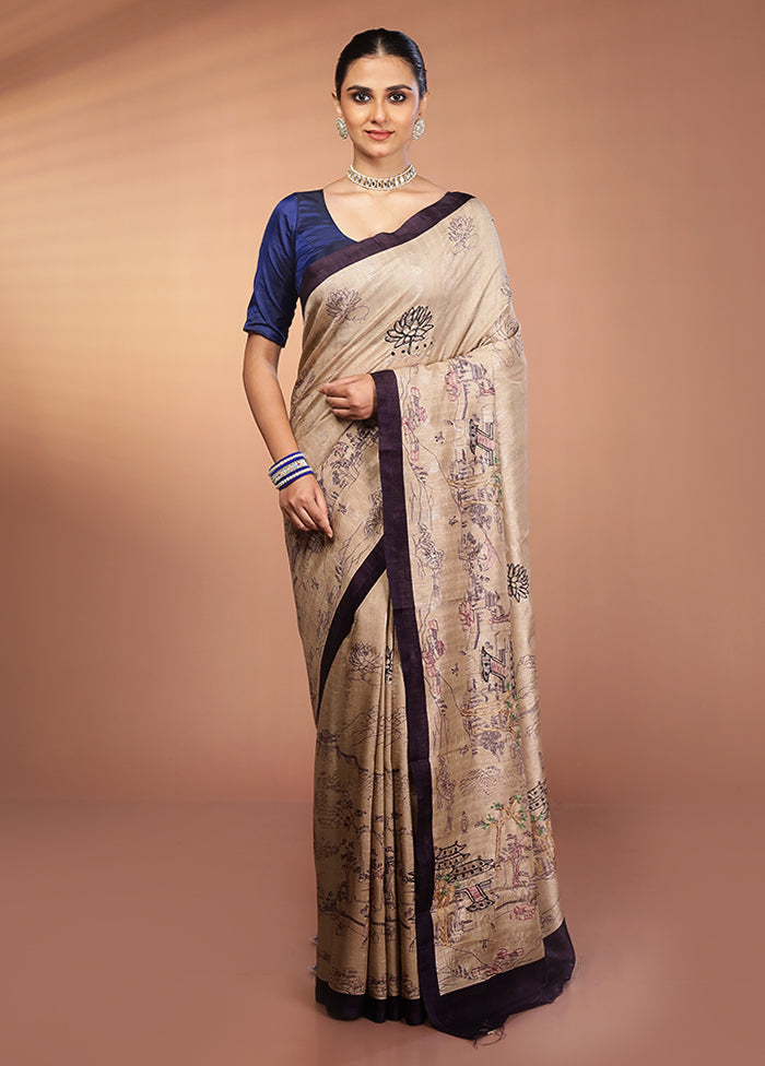 Cream Tussar Silk Saree With Blouse Piece