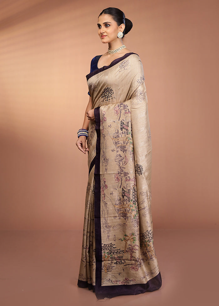 Cream Tussar Silk Saree With Blouse Piece