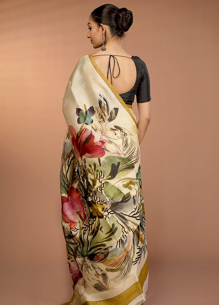 Cream Handloom Printed Pure Silk Saree With Blouse Piece